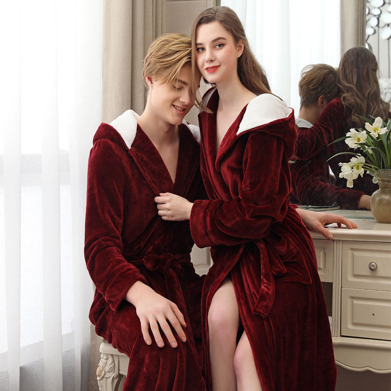 Winter flange suede lovers sleeping robes men even hat bathrobe thickened pyjamas women's large size Flannel Velvet Lovers Bathrobe