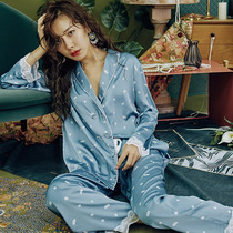 Spring and Autumn New Ice Silk Silk Pajamas Green Fruit Collar Long Sleeve Lace Satin Home Clothes Women Simulated Silk Pajamas