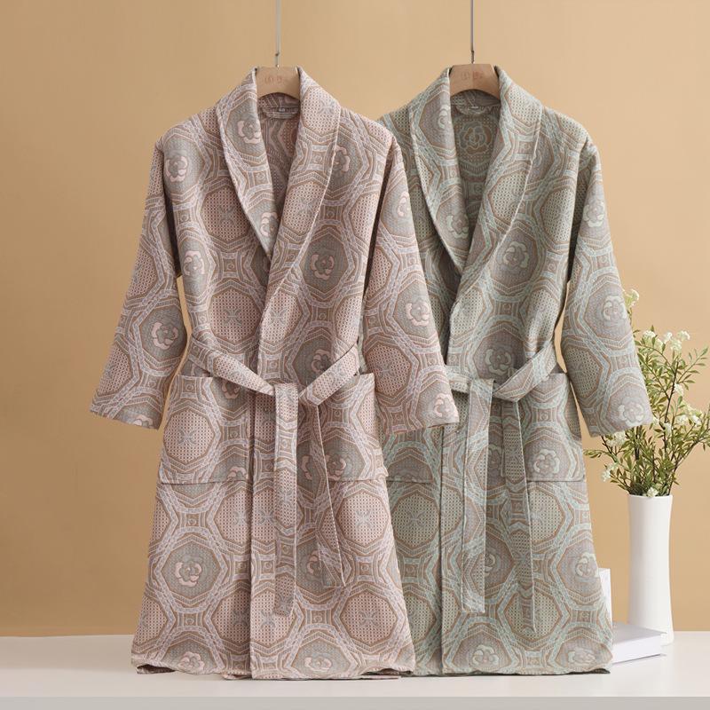 Autumn and Winter Jacquard Pure Cotton Bathrobe, Four-Layer Gauze Nightgown, Thickened Long Style, Couple's All-Cotton Absorbent Bathrobe, Wearable Bath Towel