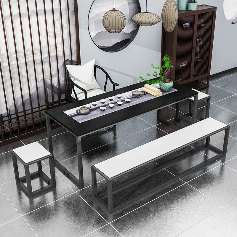 New Chinese style wrought iron tea table living room Zen solid wood tea table Kung Fu tea table Modern minimalist tea house club tea table and chairs