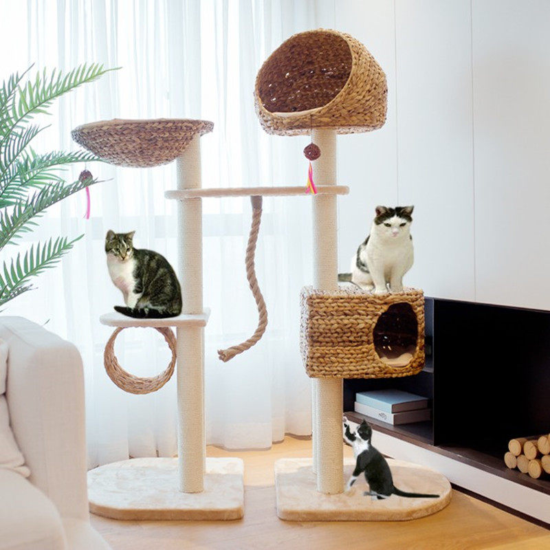 Rattan cat climbing frame natural hemp rope creative weaving cat nest flannel pad grab column jumping platform cat shelf pet furniture
