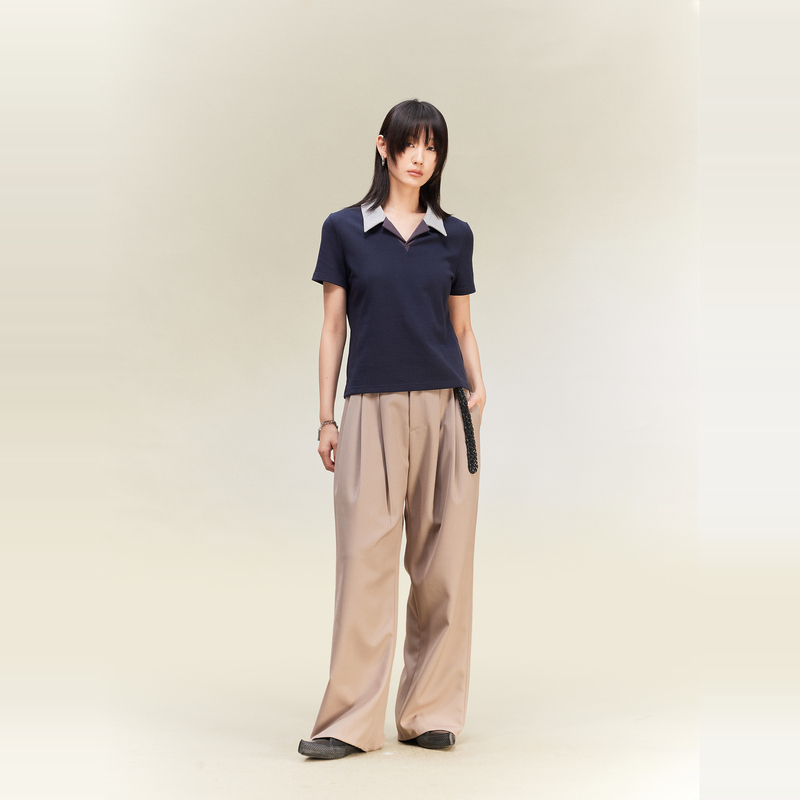 Yunyi [Nuomi] Contrasting Color Pleated Collar Fitted Lapel Vintage Short-Sleeve Polo Shirt