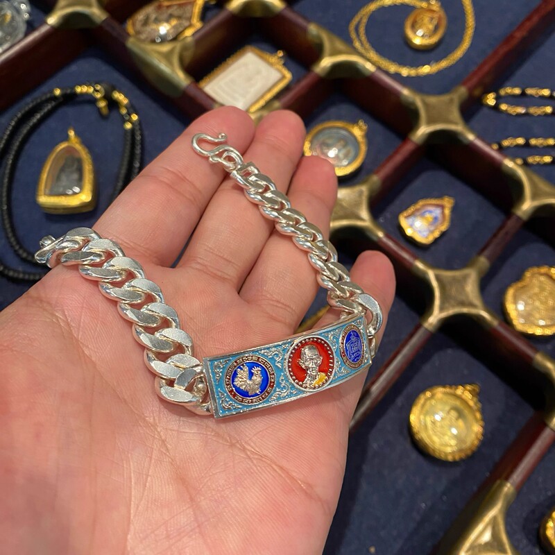 【Original Temple】Thai Buddha Amulet Luang Por Rui 2561 Rui Tiffany Blue Thai Silver Bracelet, Size Can Be Adjusted