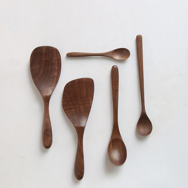 Black Walnuts Wood Soup Spoon Rice Scoop Whole Solid Wood No Stick Pan Fried Egg Thin Wood Shovel Long Handle Coffee Spoon Sweet Spoon