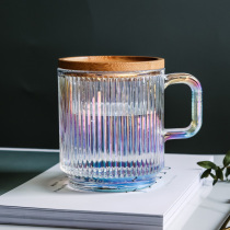 Vertical stripe glass with bamboo lid Japanese teacup tea set transparent juice coffee cup cold drink cup office water Cup