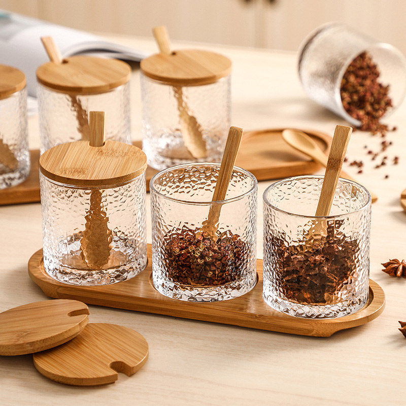 Japan-style Glass Seasoning Jar Zo bottles Home Seasoning Bottle Sauce Box Salt Jars Large Stock Containing Box Wood Cover Hammer