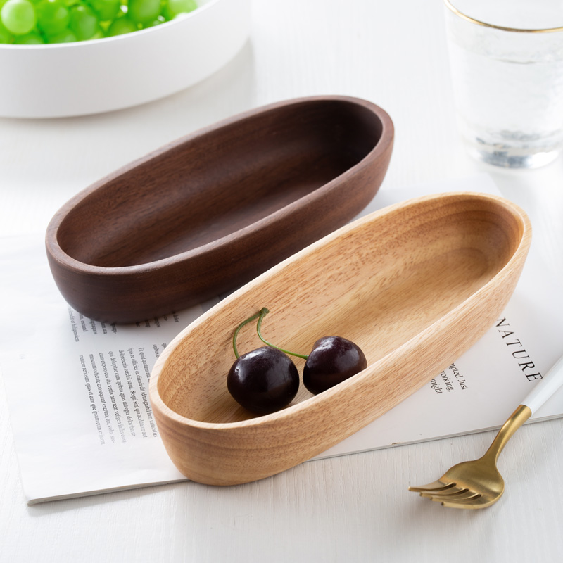 Rubber wood Japanese oval pastry dish creative whole wooden plate wooden boat-shaped snack plate log plate tableware