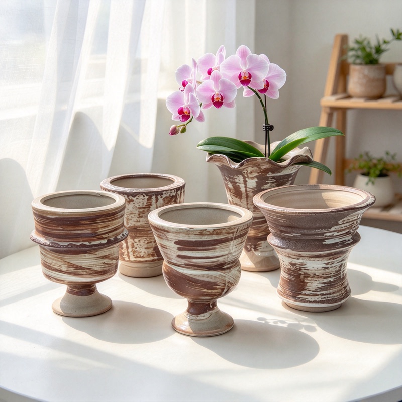 Vintage Rustic Ceramic High-Footed Butterfly Orchid Pot, Kiln-Fired Wabi-Sabi Style Ceramic Orchid Pot, Breathable Desktop Planter