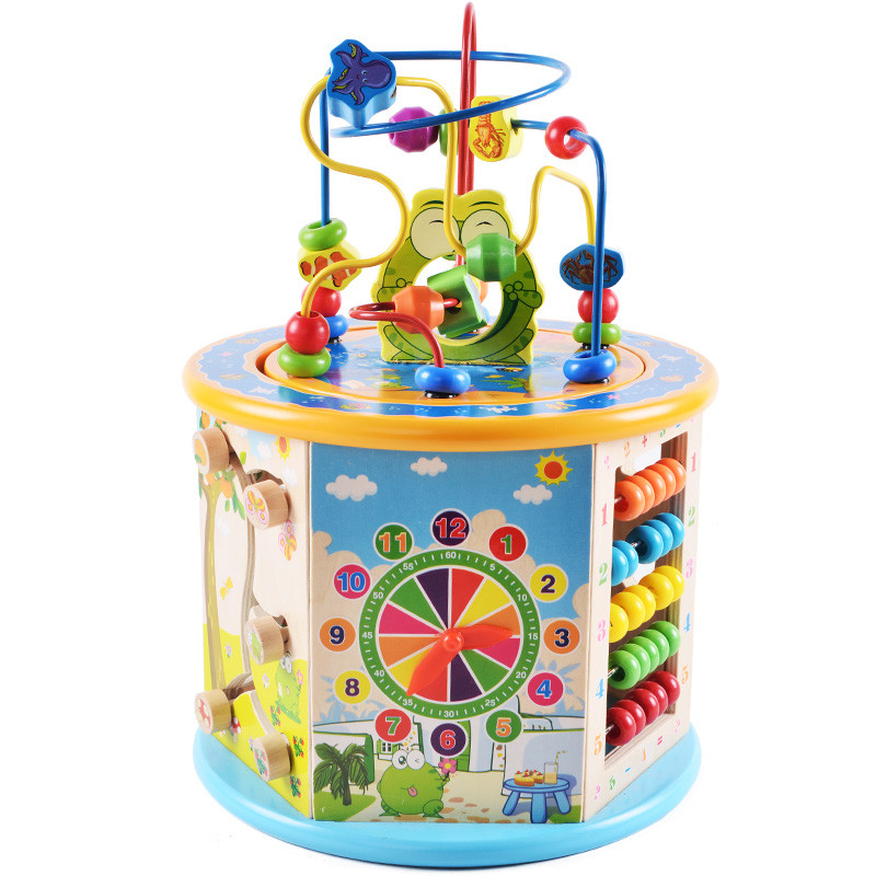 Baby multi-function treasure box children's early education beaded gear eight-in-one six-sided large beaded parent-child wooden toys