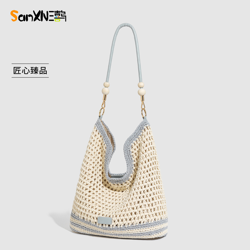 Sanxi Bird Hollow-Out Lazy Woven Bag Women's Summer Travel Beach Vacation Large Capacity Commuting Bucket Bag Single Shoulder