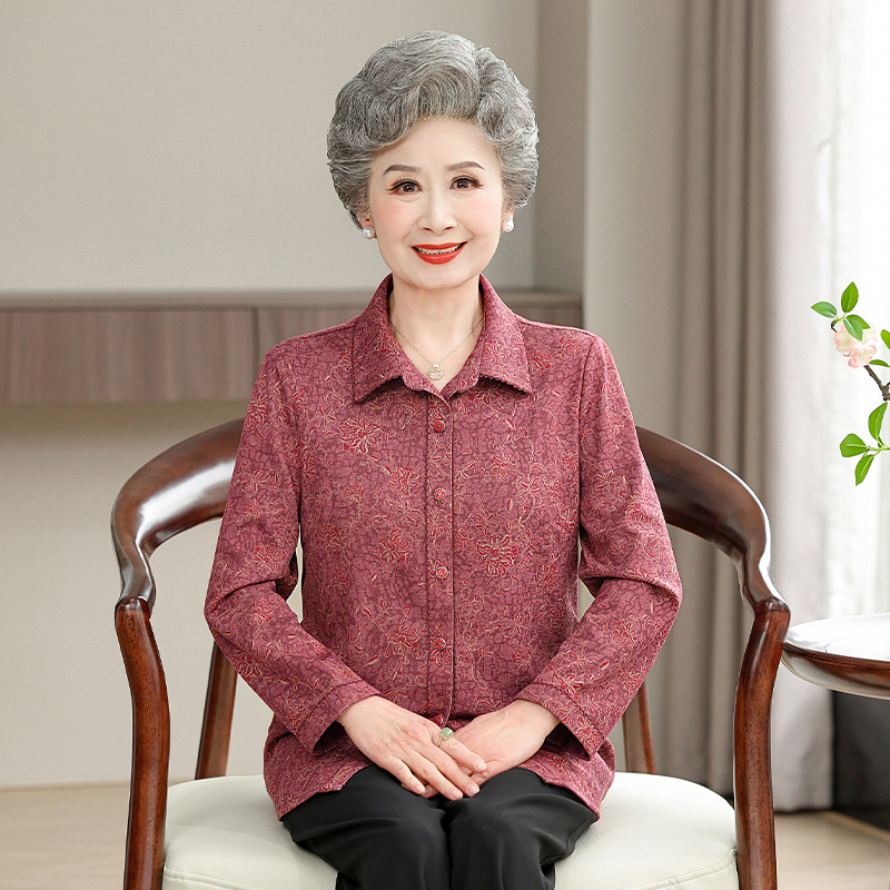 Elderly Women's Spring Long-Sleeved Shirt, Mother-Style Collared Cardigan, Plus-Size Floral Top for Middle-Aged and Elderly Women, Thin