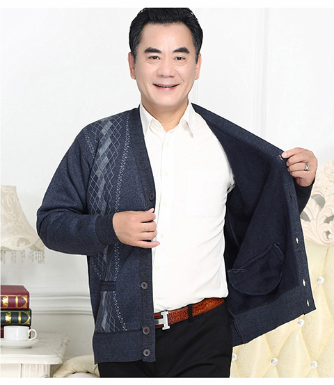 Áo cổ chữ V cho nam và trung niên cộng với áo len nhung dày mùa thu và áo khoác mùa đông cha mặc áo len nam cao tuổi áo len nam cổ tim