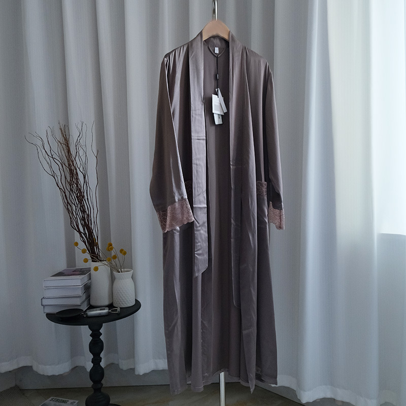 Li~ Lily's Casual Style Long-Sleeved Heavy Satin Mulberry Silk Nightgown Robe, Summer Simple 100% Mulberry Silk