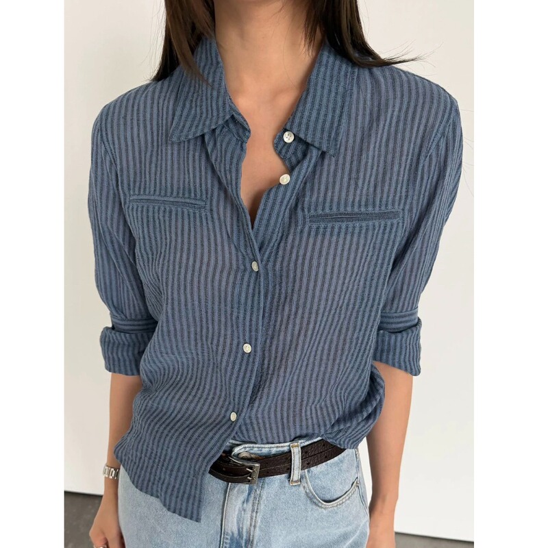 Waitmore2026 Summer New Korean Style Pure Cotton Striped Shirt for Women, Versatile Casual Long-Sleeved Shirt for Work and Daily Wear Waitmore2026 Summer New Korean Style Pure Cotton Striped Shirt for Women, Versatile Casual Long-Sleeved Shirt for Work and Daily Wear