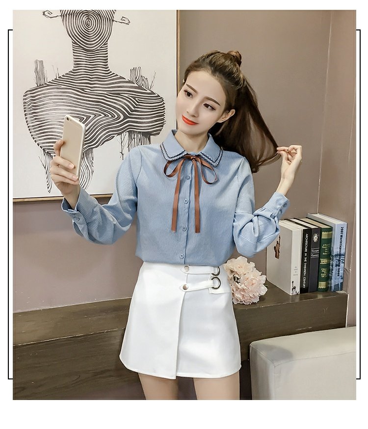Mùa thu 2018 mới Hàn Quốc ngọt ngào Đầm suông đôi cổ áo sọc dài tay áo sơ mi nữ đế bệt Những kiểu áo sơ mi đẹp nhất