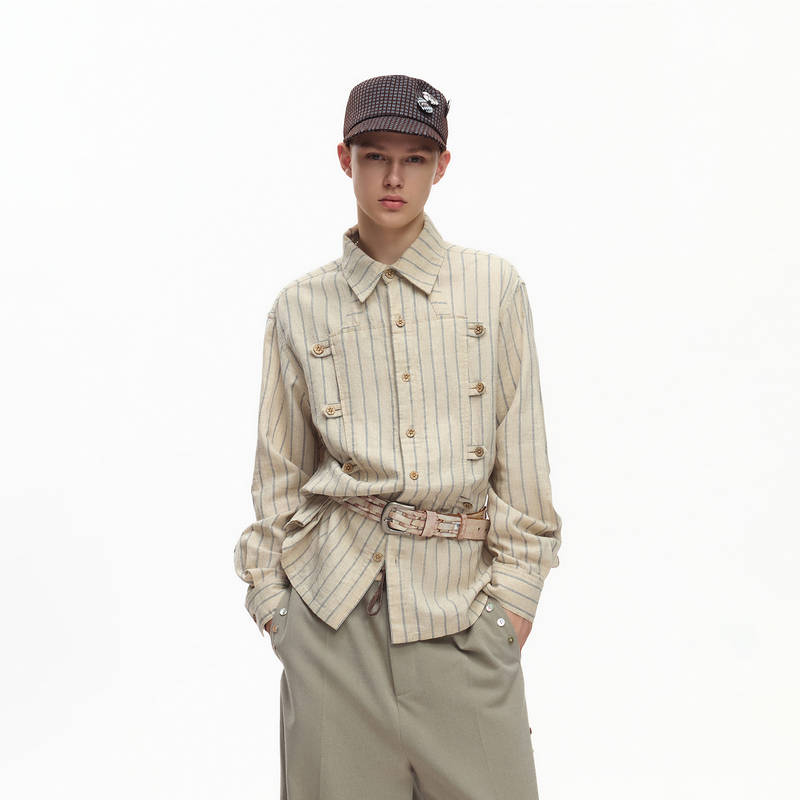 Emobrother* Retro Napoleon Deconstructed Placket Stand Collar Striped Shirt Embroidered Cotton Linen Denim Trench Coat