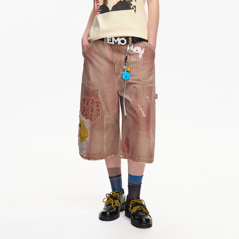 Emobrother* Smiley Face Patch Embroidery Washed Distressed Striped Shorts Vintage Printed Lumberjack Pants
