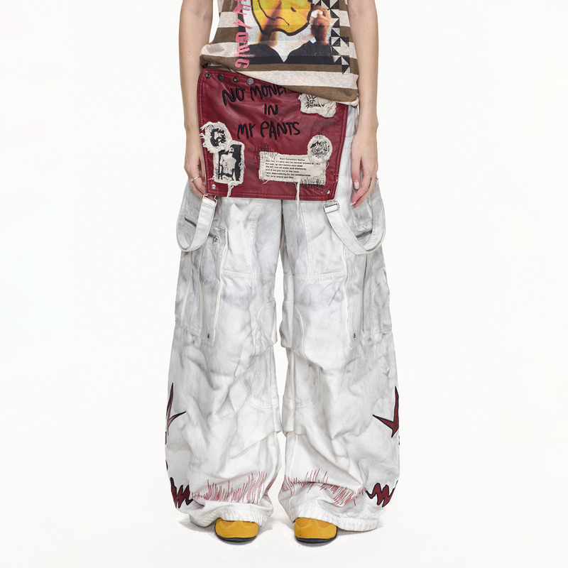 Emobrother* Detachable Structure Overalls with Distressed Embroidery Patches Work Pants