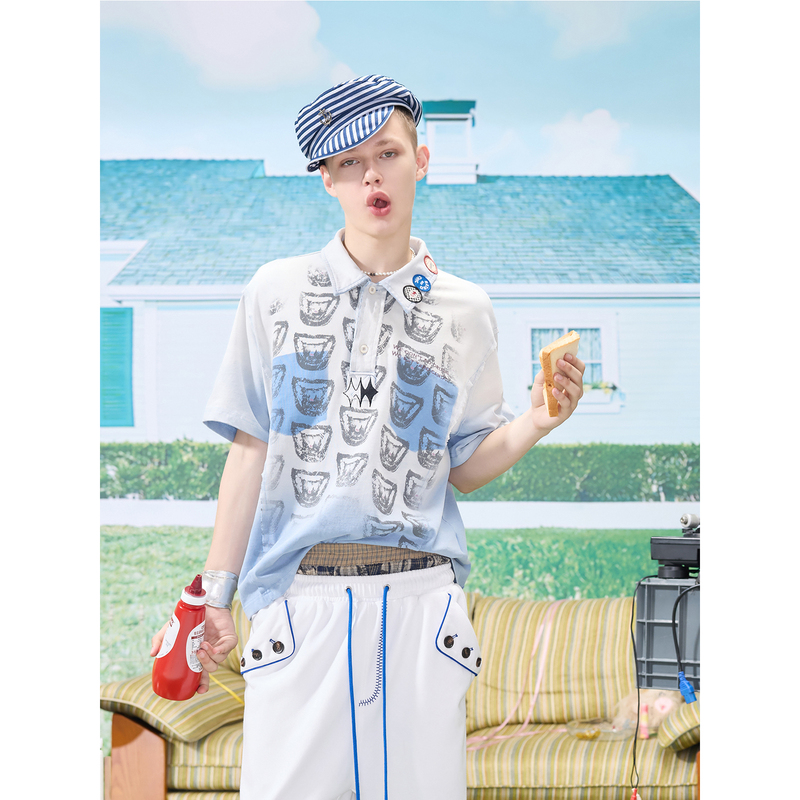 Emobrother* “Taro Candy” Polo Collar T-Shirt Washed Print Short Style Pure Cotton Short Sleeves