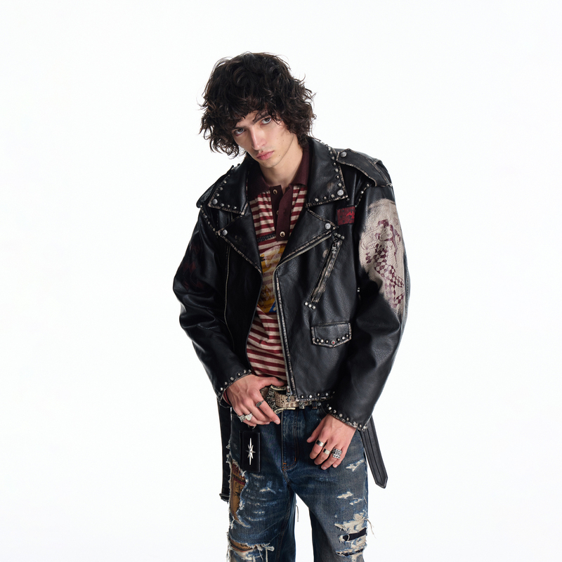 Emobrother* Irregular Placket Pebbled Leather Biker Jacket with Multiple Pockets, Vintage Print and Studded Leather Jacket Emobrother* Irregular Placket Pebbled Leather Biker Jacket with Multiple Pockets, Vintage Print and Studded Leather Jacket