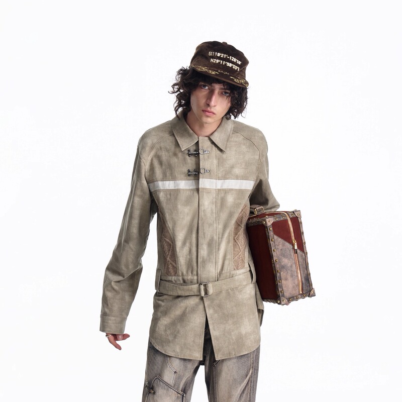 Emobrother* Retro Patchwork Mesh Print Distressed Dirty-Dyed Firefighter Jacket Style Long Shirt