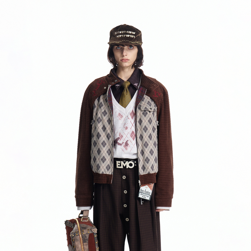 Emobrother* Reversible Waffle Corduroy Quilted Print Jacket Red Plaid Silhouette Coat