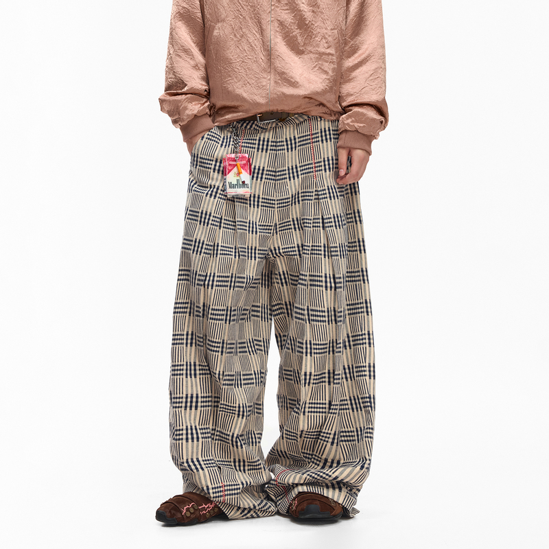 Emobrother* Retro Plaid Balloon Pants with Contrasting Embroidery, Skin-Friendly and Breathable Casual Pants, Apricot/Khaki Color