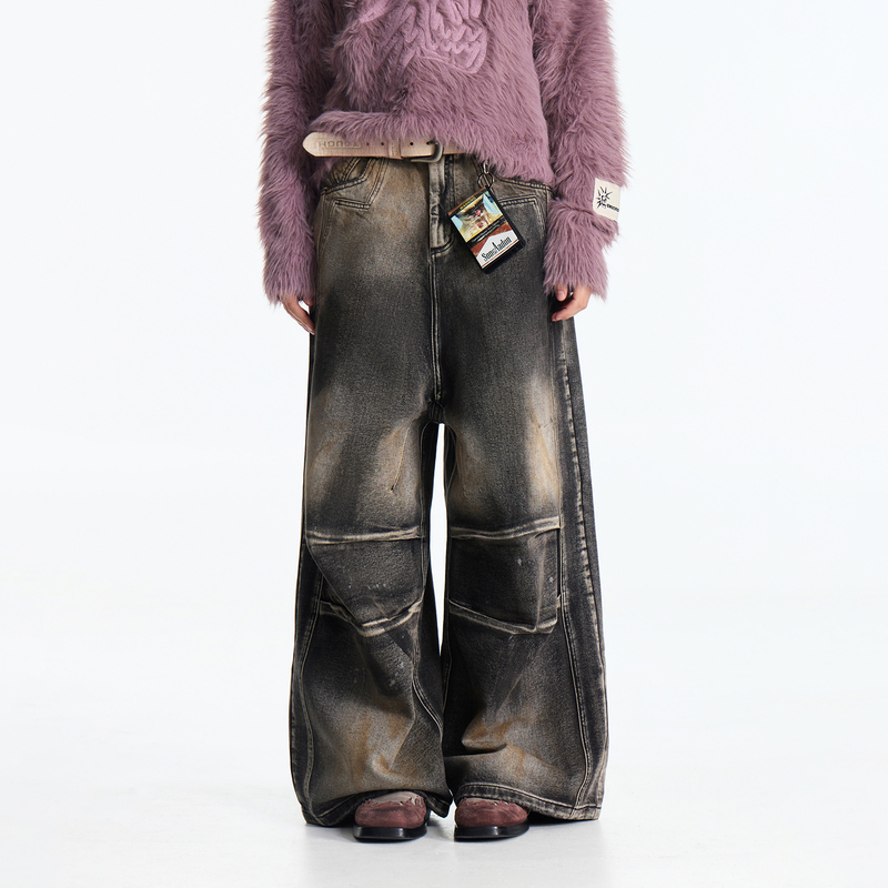 Emo Brother* Oxidized Stain-Washed Denim Jeans with Distressed Straight-Leg Design and Three-Dimensional Pleats