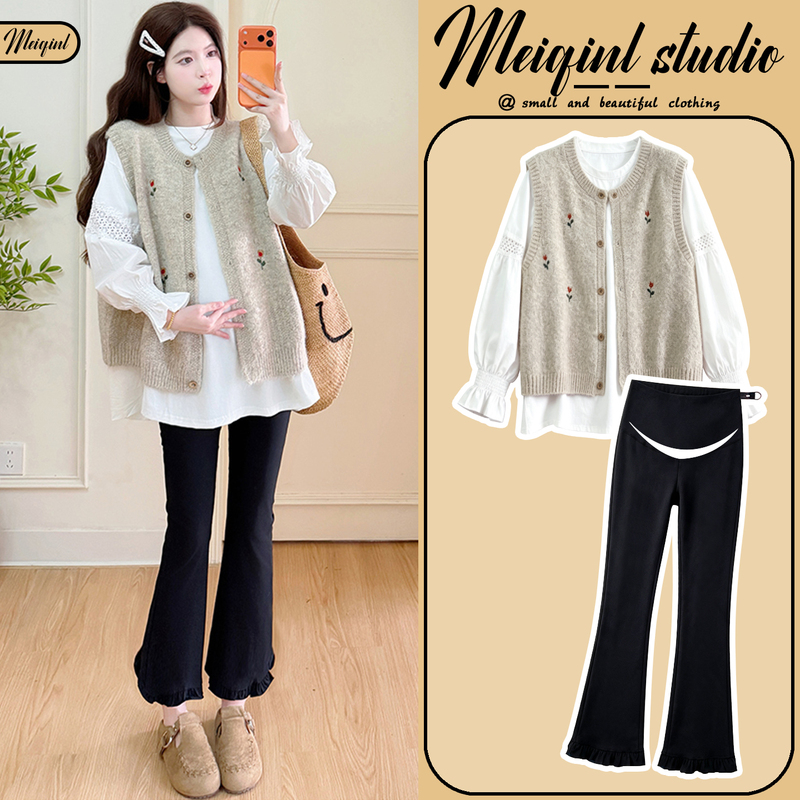 Maternity Autumn and Winter Set 2026 New Stylish Belly-Covering Embroidered Vest Top and Belly-Supporting Pants Three-Piece Set