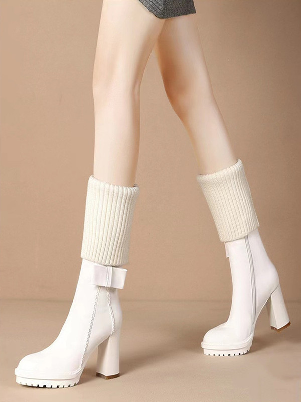 2025 Autumn and Winter New Waterproof Platform Chunky Heel Sock Boots for Women, Slimming Martin Boots, High Heel White Boots, Women's Mid-Calf Boots