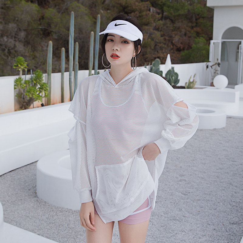 2021 new sports swimsuit female three-piece set split fashion slim straight corner high waist hoodie long sleeve conservative students