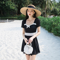 Swimwear women 2021 new summer vacation one-piece dress conservative thin Belly Belly student small chest backless fairy fan