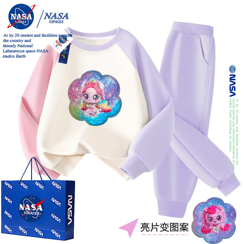 Совместный бренд NASA - замечательная милая одежда, осенне-зимний свитер для девочек с блестками, меняющий цвет, плюс бархатный супер милый костюм-двойка