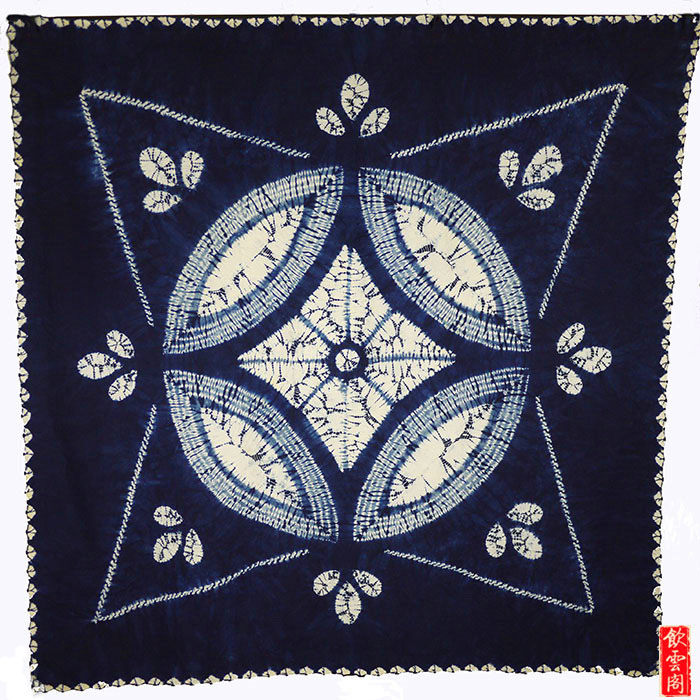 Yunnan Specialty Handicraft Gift White Ethnic Zal Dyeing Grass Wood Blue Dyeing Positive Square Tablecloth Wall Hanging Old Flower Type Bronze Money Pattern