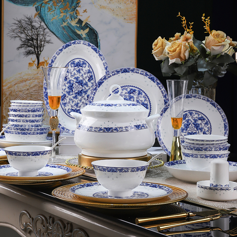 Jingdezhen Ceramic Bone China Bowls and Chopsticks Tableware Rice Bowl Small Soup Bowl Blue and White Porcelain Bowl and Plate Set for Home Use