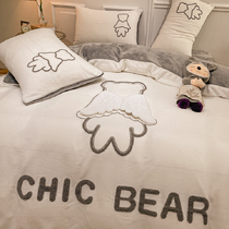 Cartoon wind padded milk velvet four-piece coral fleece winter warm quilt cover plus velvet girl princess bed hat plush