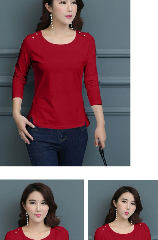 Áo thun cotton dài tay 2018 thu đông mới của Hàn Quốc Áo sơ mi nữ rộng rãi hoang dã Áo sơ mi nữ đáy rộng quần sooc bò nữ
