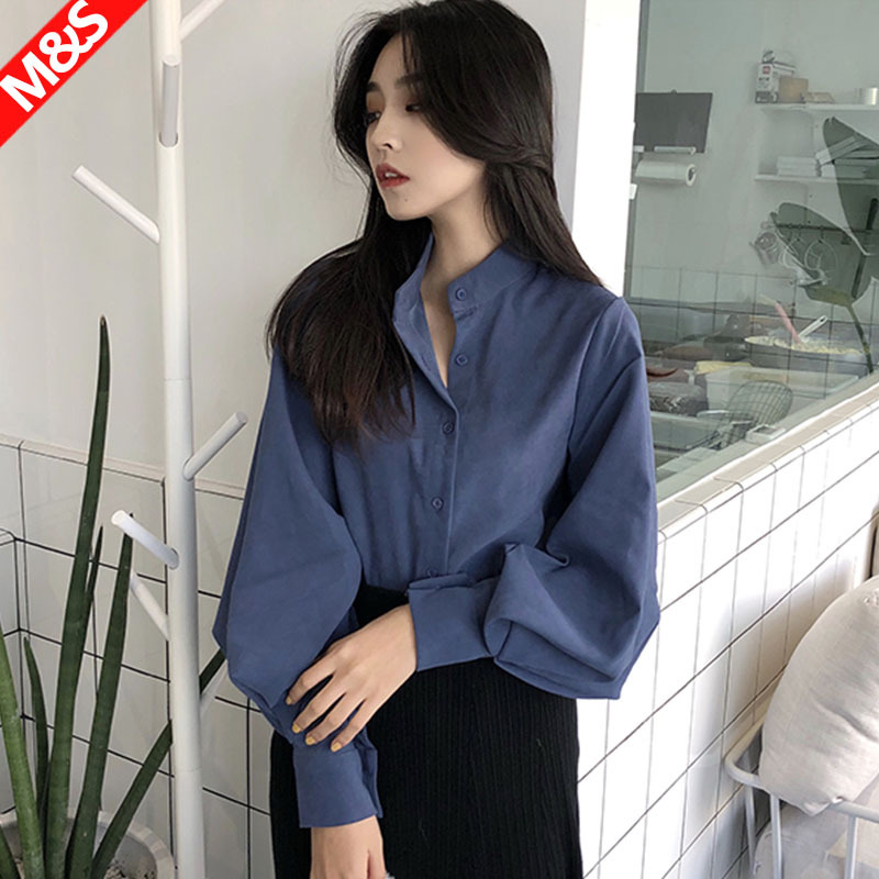Autumn Shirt Hong Kong Style Retro Brushed Thickened Top Loose Design Niche Haze Blue Stand Collar Shirt for Women