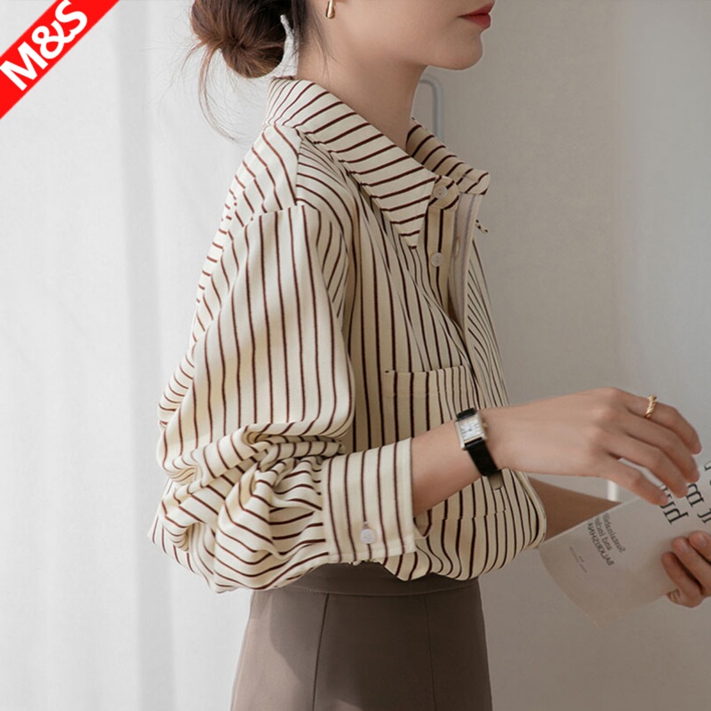 Long-Sleeved Striped Shirt for Women, Spring Brushed Layered Corduroy Shirt, Summer Thin Retro Commuter Design Top