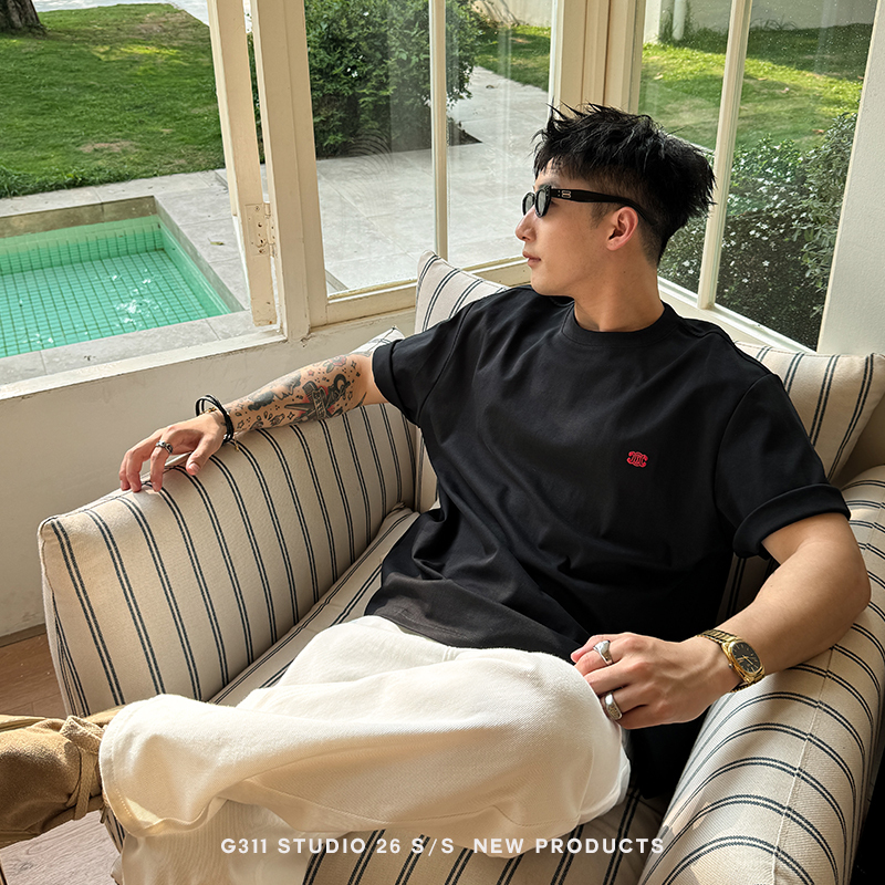 G311Studio'Old Money Style Embroidered Logo' Black Heavyweight Short Sleeve T-Shirt for Men, Loose Fit with Small Neckline