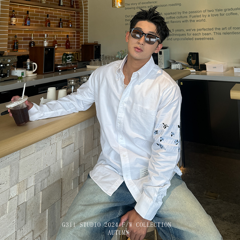 G311Studio Light Luxury Rose Embroidered Shirt for Men, Korean Version, High-End Feel, Suitable for Dating, Casual Wear, and Commuting, Long-Sleeved Shirt