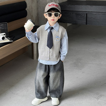 Boys' Suits, Spring and Autum Clothing, 2025 New Kidsren's Autum Sweater, Vest, Three-Piece Set, Baby's Handsome and Fashionable Kidsren's Clothing