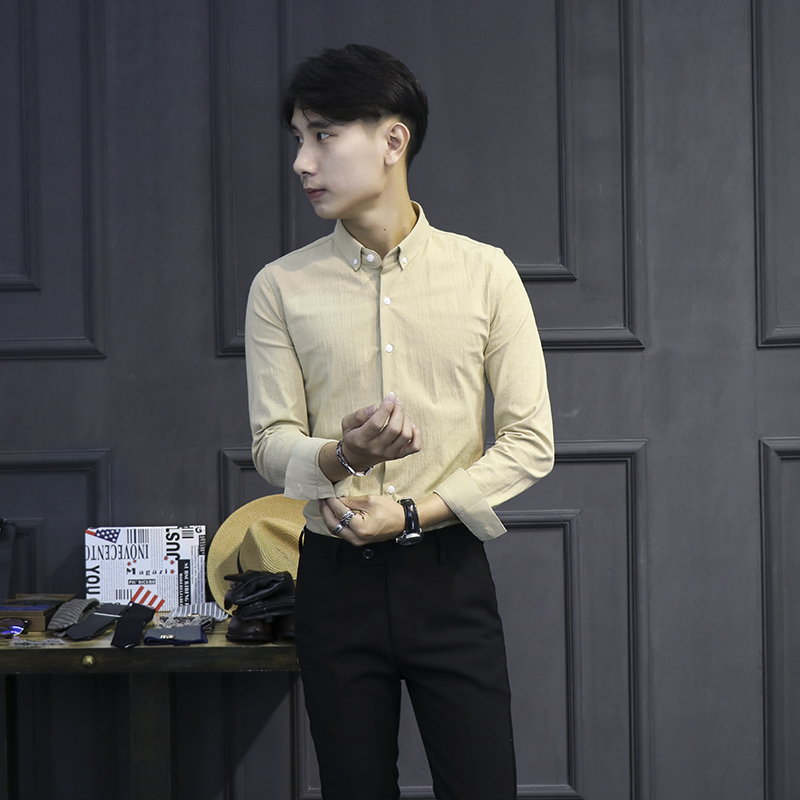 【缘潮】秋季新品男士棉麻长袖修身休闲衬衫纯色弹力韩版时尚衬衣