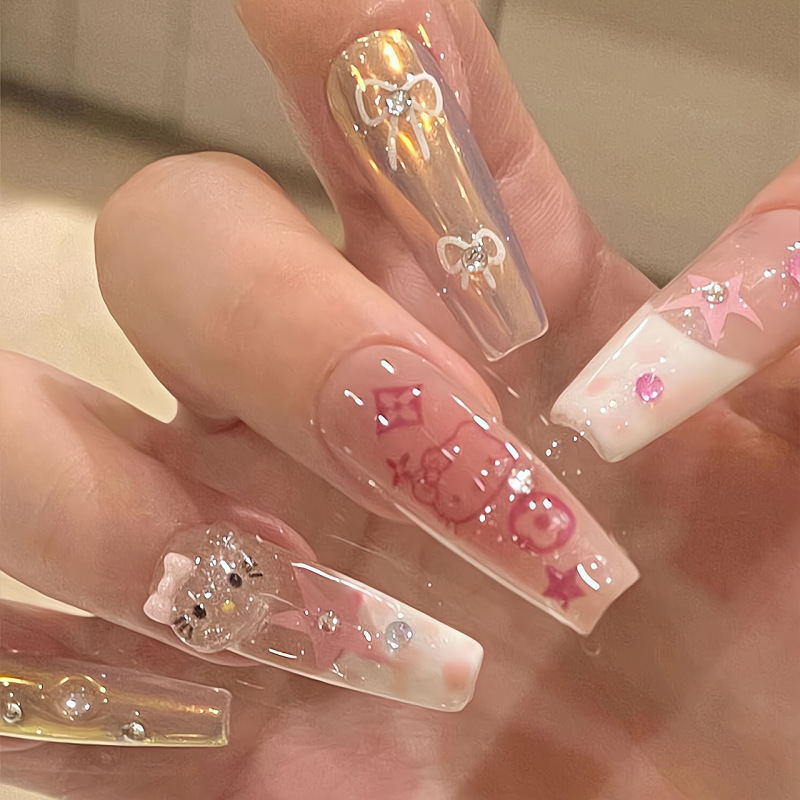 Kitty Nail Art Cartoon Cute Handmade Wearable Nails Popular Hot-Selling Long Nails Xiaohongshu Hellokitty