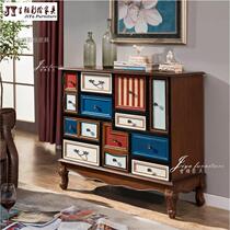 American bucket cabinet Solid wood locker Retro painted decorative cabinet Mediterranean entrance cabinet Chest of drawers Storage storage cabinet