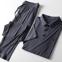 Summer ultra-thin elastic speed dry casual suit Male press adhesive Embroidery Turnover Silk Slip Fashion Sports Short Sleeve Two-piece Set