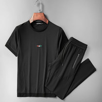 20 Summer new silk sliding elastic sports suit stylish slim fit round collar short sleeve T-shirt casual suit man