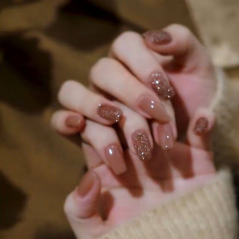 [Twilight] New Style Gentle and Atmospheric Ice-Clear Nude Coffee Color, Elegant and Brightening Manicure, Fake Nails, Handmade Wearable Nails