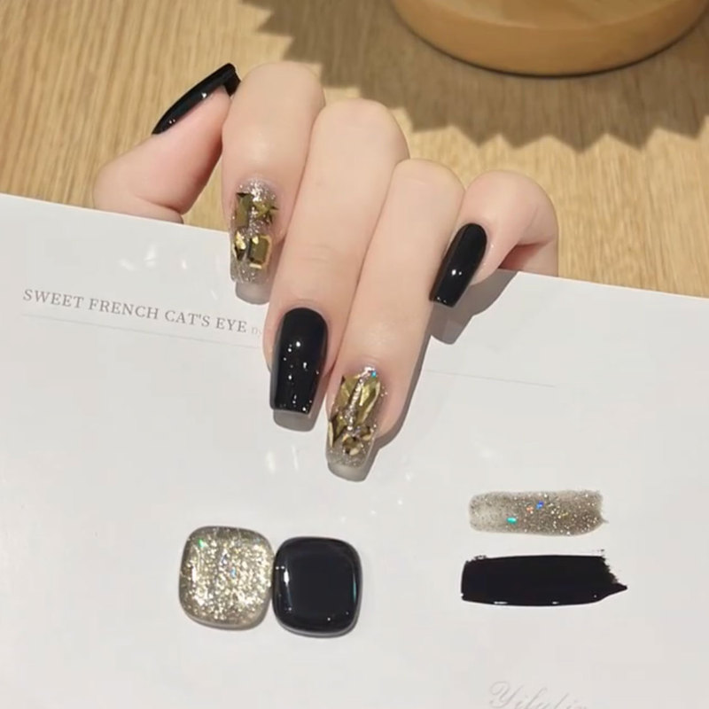 Super Cool Dark Glam Style Champagne Gold Rhinestone Manicure, Black Dazzling Brightening Detachable Handmade Press-On Nails