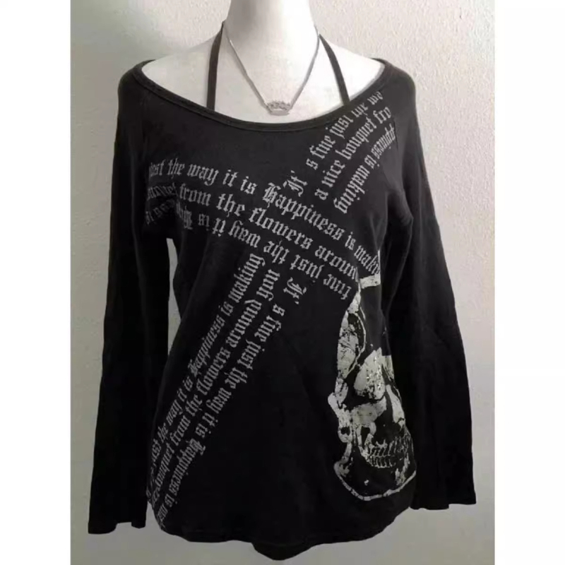 150kg Plus Size Women's Clothing Subculture Dark Gothic Rock Punk Skull Print T-Shirt Fat mm Loose Long Sleeve